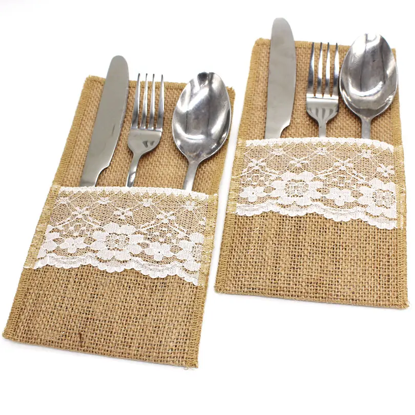 1PCS vintage Jute Hessian Burlap Linen lace Cutlery Pouch Rustic Wedding decoration Party Birthday Tableware Supplies Holder Bag