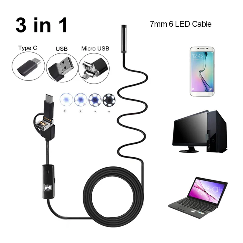 

smartphone endoscope Android Endoscope Camera 7.0mm Inspection Camera IP67 Waterproof Snake Camera Forendoscope type c, USB PC