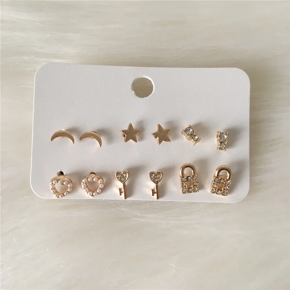 

LOVELY GOLD COLOR PLATING CLEAR STONE SMALL PEAL HEART LOCK 6 PAIR STUD EARRING SET FOR WOMEN GIRL