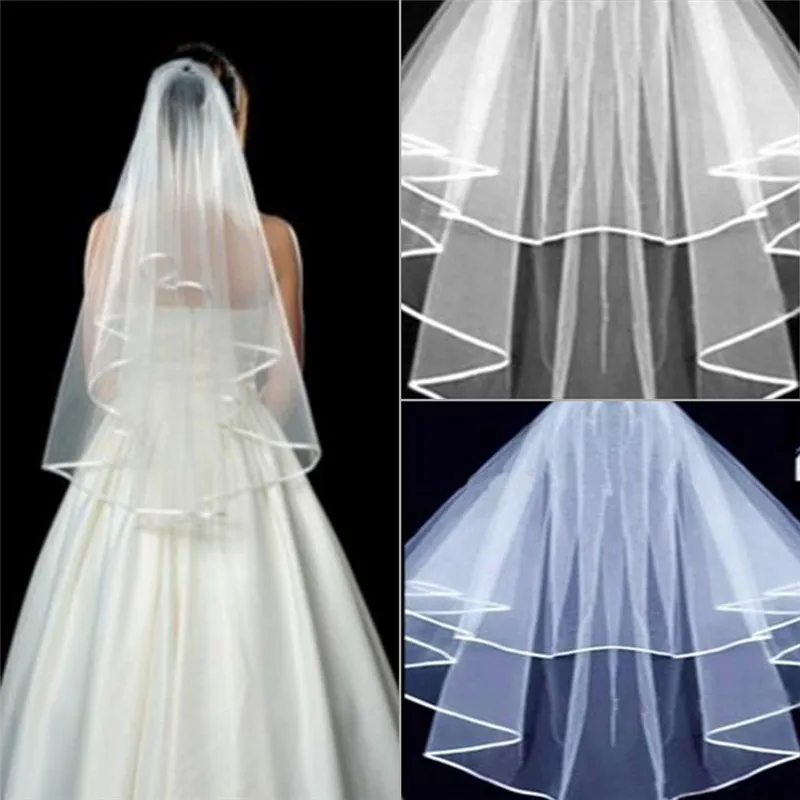 

2 Layers White Ivory Polyester Veil Wedding Bridal Veils Elbow Length Satin Edge With Comb Beautiful Women Jewelry Accessories
