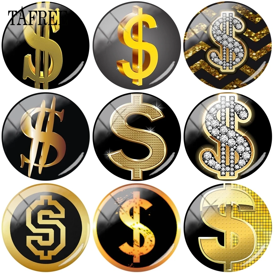 

TAFREE Dollar Sign Picture Beads 25mm Glass Cabochon Dome US Dollar Picture Cameo Pendant Settings DIY Jewelry