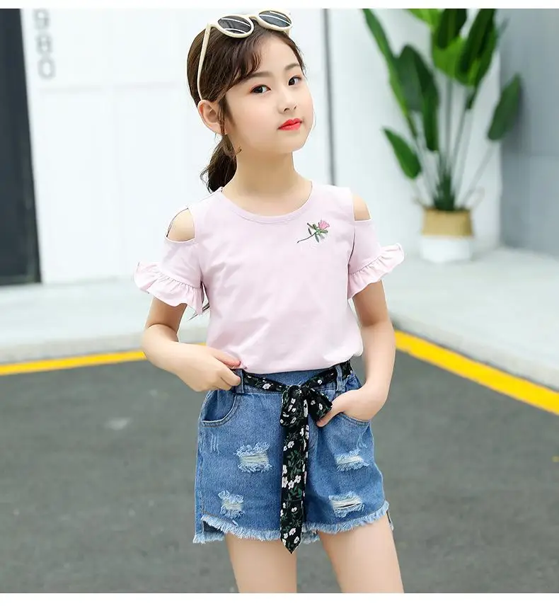 Комплект летней одежды из 2 предметов для девочек 6, 8, 10, 12, 14 лет, хлопковая футболка с короткими рукавами и джинсы для девочек короткие наряды ensemble fille - Цвет: C10