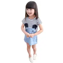 Baby Girl Dresses Striped Patchwork Character Cartoon Mouse Summer Girl Denim Dress Children Clothing Kids Clothes