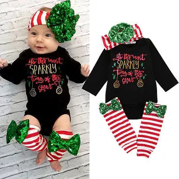 

New Xmas Children Clothes Set Newborn Baby Boys Girls Romper+Leg Warmer+Headband Floral Christmas Outfit Set Baby Clothing
