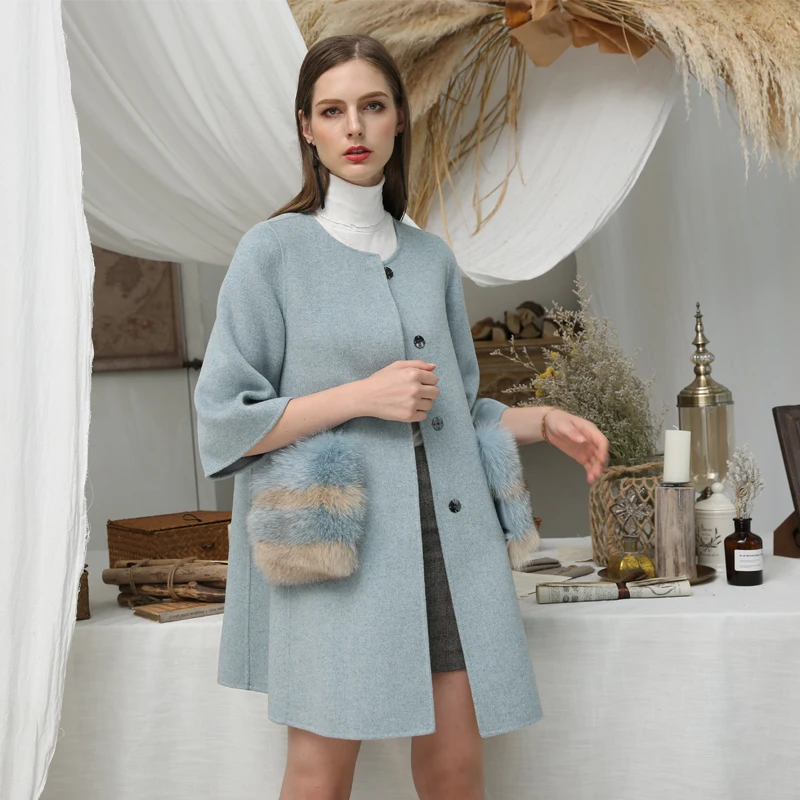 OFTBUY, шерстяная смесь,, зимняя куртка для женщин, натуральный мех, пальто для девушек, двусторонняя шерсть, кашемир, натуральный Лисий мех, с карманами, шерстяное пальто