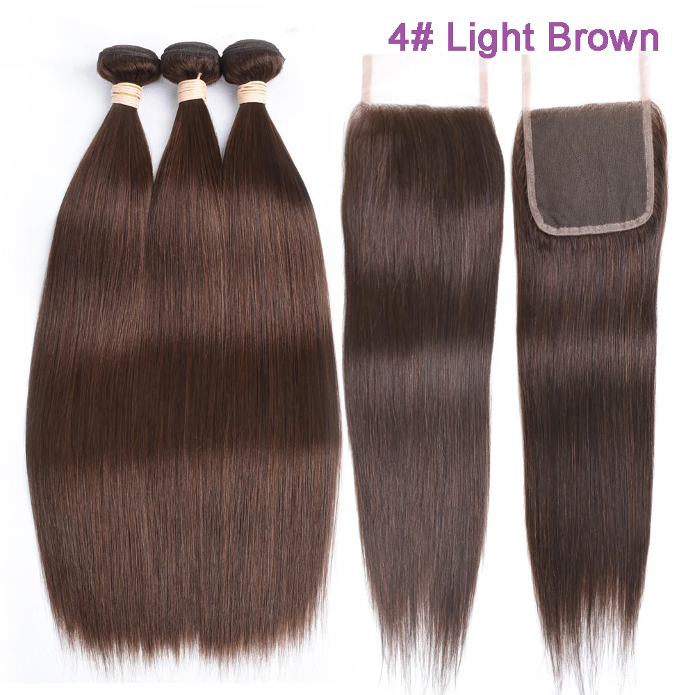 BEAUDIVA Pre-Colored Human Hair Weave with Closure 4*4 Three Bundles with Closure 2# 4# Dark Brown Brazilian Straight Human Hair