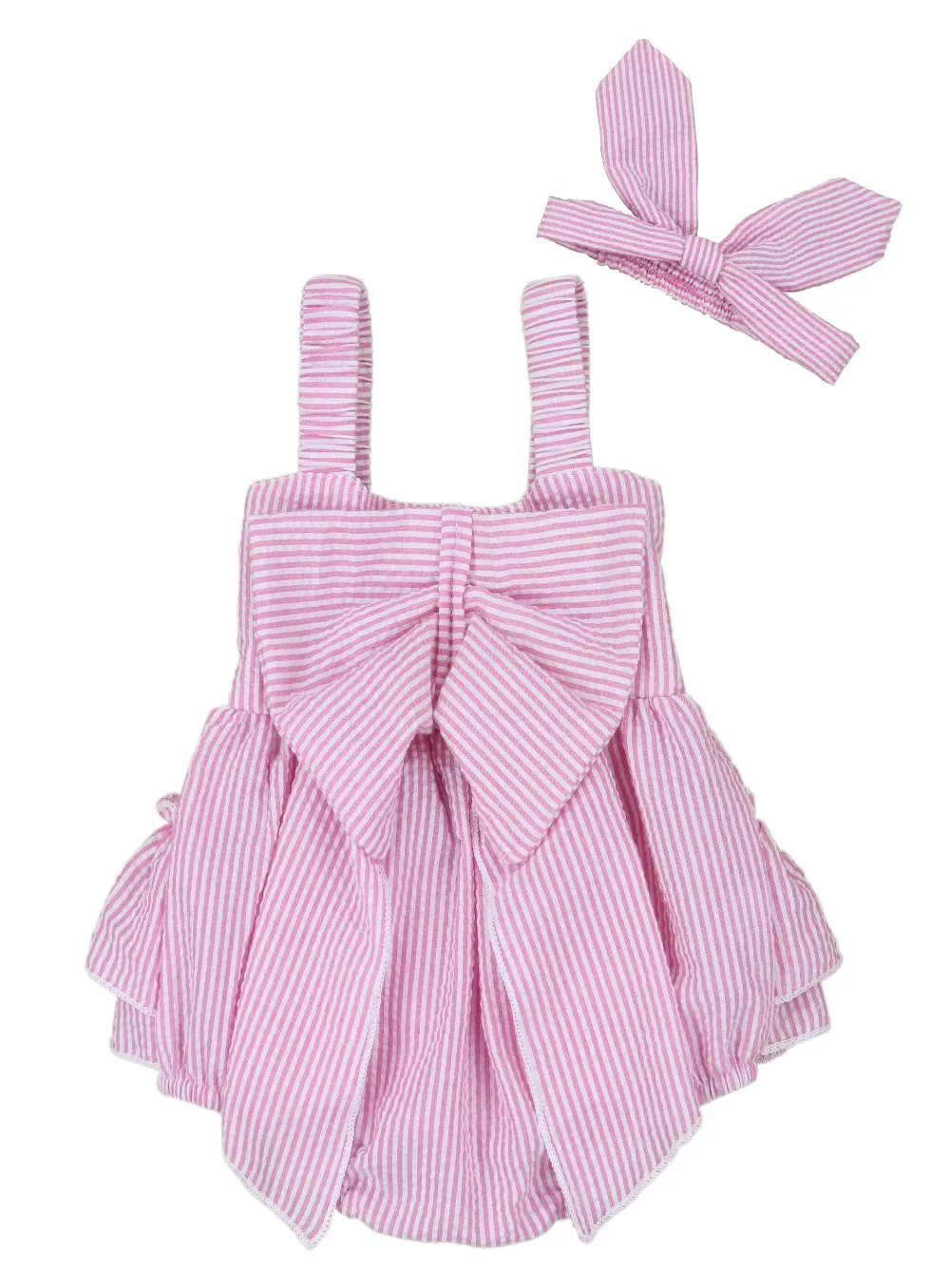 

2019 New Baby Girls Striped Rompers Seersucker Bubble Straps Ruffle Layers Bow Knot Romper