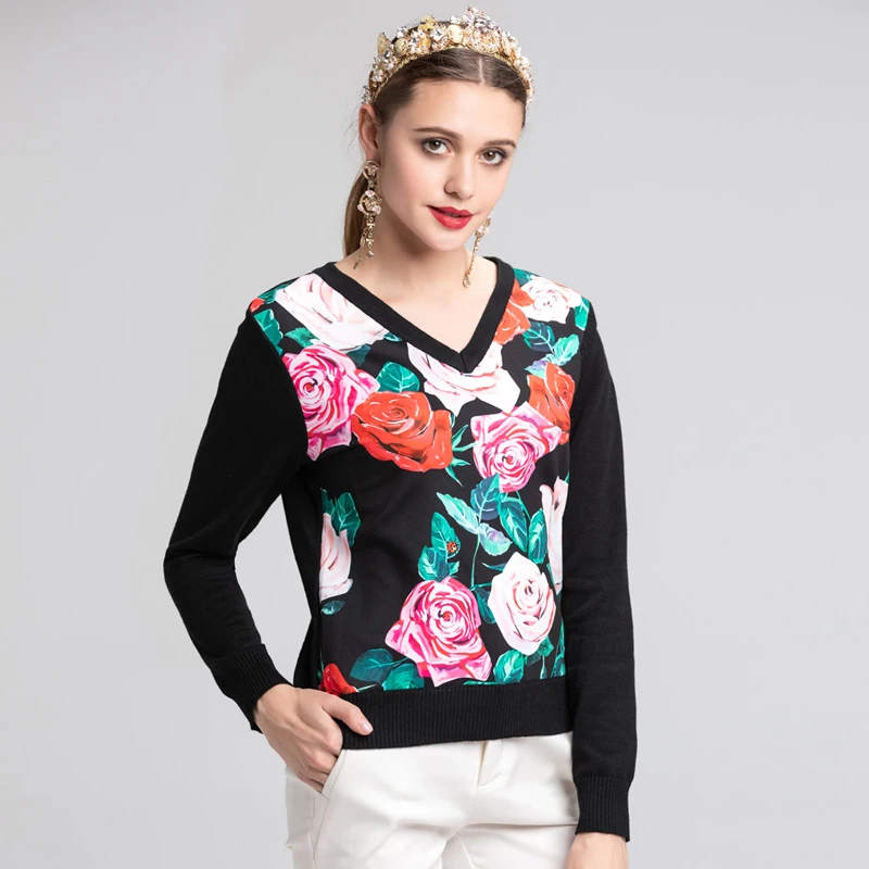 New Runway Fashion Designer Sweater Women's Elegant Rose Flower Printed Patchwork V Neck Casual Black Wool Top Shirts | Женская