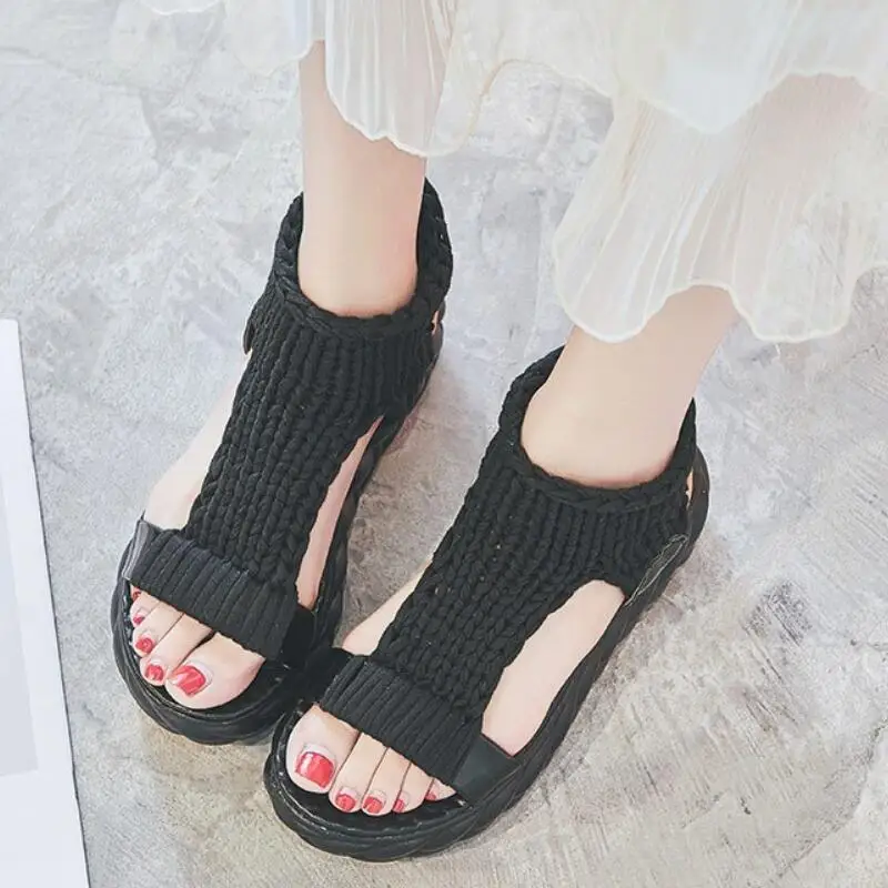Дизайнерские женские босоножки на толстом каблуке; Летняя обувь на платформе; Женская пикантная обувь ручной работы на плоской подошве; zapatos mujer Sandalias