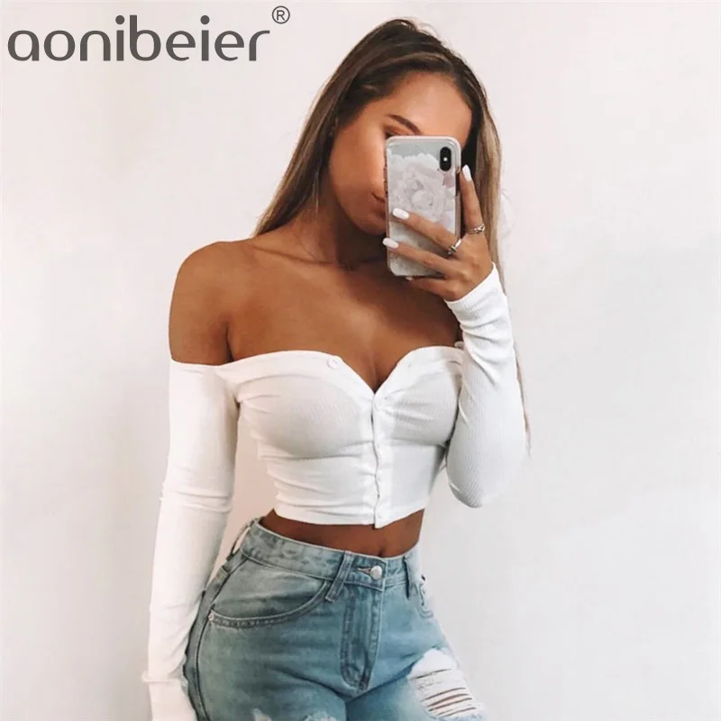 

Aonibeier Sexy Slash Neck Rib Knit T-Shirt Off Shoulder Button Front Long Sleeve Autumn Winter Women Crop T-Shirts Multicolor