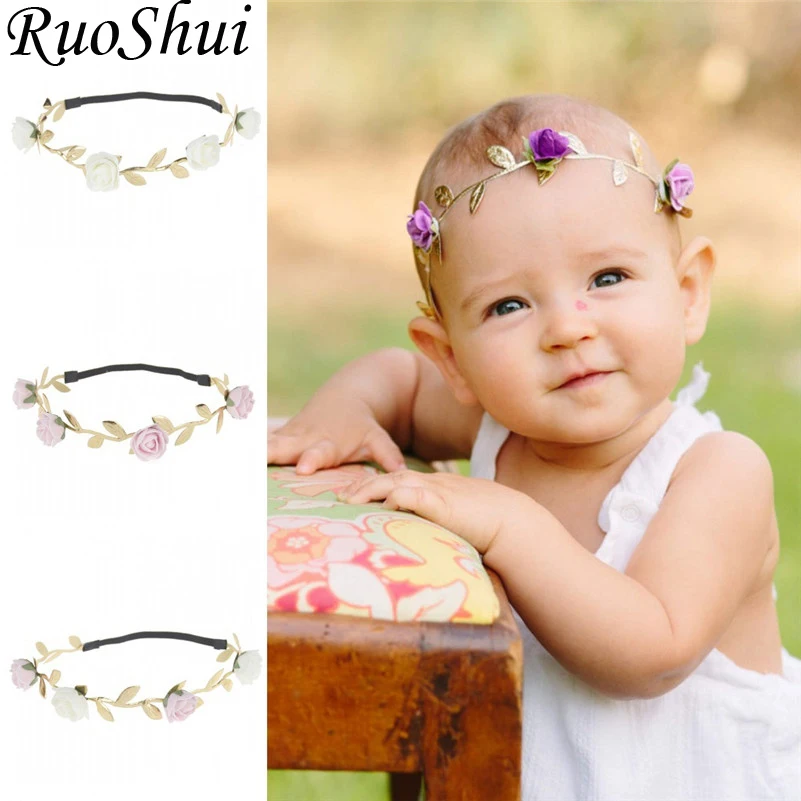 

Fashion Girls Gold Leaves Rose Flower Headband Bohe Baby Sweet Floral Headband Cute Hair Accessories Headdress for Newborn Kids
