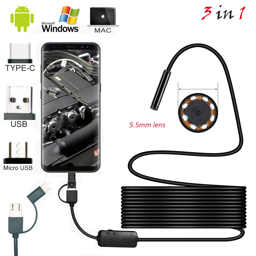 1m/2m/5m Cable 8mm Lens PC Android Endoscope Camera Industrial Borescopes TypeC USB Mini Endoscope Waterproof