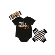 Для новорожденных одежда для малышей Обувь для девочек хлопок короткий рукав с круглым вырезом, с буквенным принтом черный комбинезон в полоску Гетры для девочек повязка на голову, 3 шт