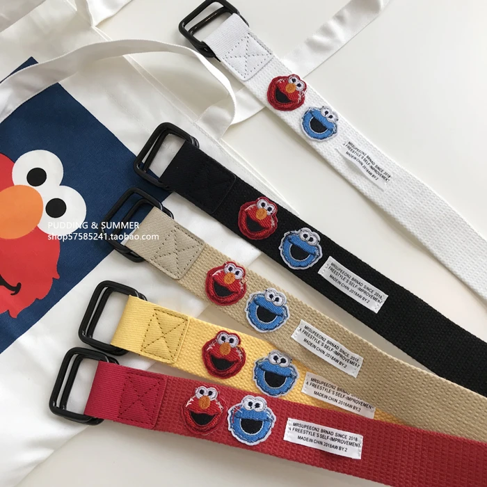 Cartoon cute Harajuku canvas belt student jeans casual pants with double buckle