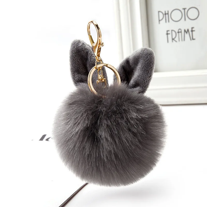 

Trinket Artificial Fur Rabbit Ears Ball Keychain Pompom Fur Keychains on The Bag Cute Fluffy Faux Pompon Pendant Accessories