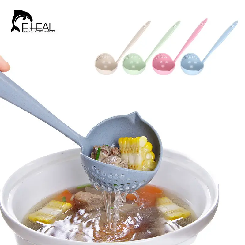 

FHEAL 2 in 1 Creative Wheat Straw Soup Spoon Long Handle Lovely Porridge Spoons with Filter Dinnerware Kitchen Colander Tools