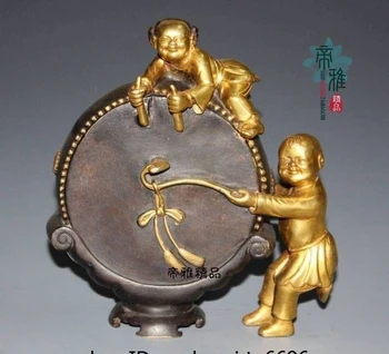 

China Copper Bronze 24K Gold Gild Art Decoration Boy Drums Beat a Drum Statue
