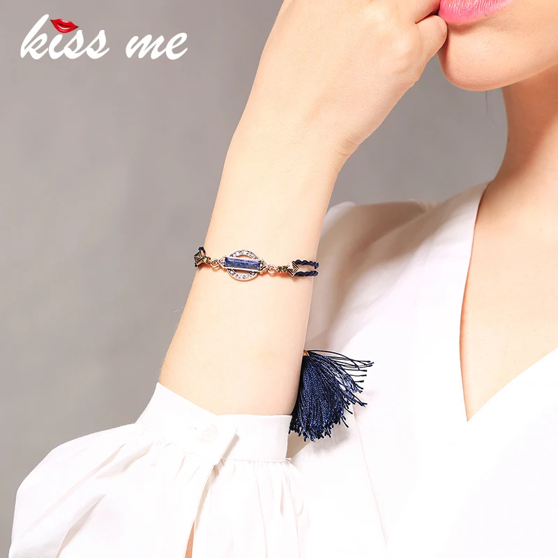 

KISS ME Hand Made Weave Rope Blue Tassel Bracelet Female New Fashion Natural Stone Charm Bracelet Brand Jewelry