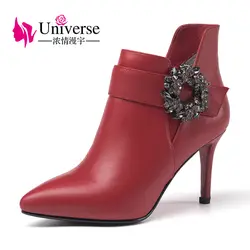 Вселенная со стразами сапоги натуральная кожа высокая обувь на каблуке с острым носком Ботильоны на тонких каблуках для женщин G363