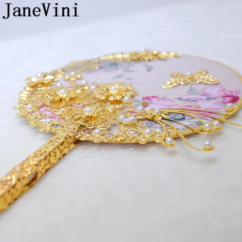 JaneVini роскошный золотой свадебный веер Pernikahan китайский стиль Свадебный держатель для букетов жемчужная бабочка свадебные букеты