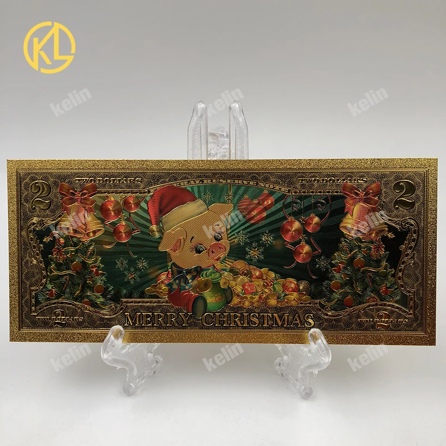 

Santa Claus Gold Foil Banknotes Colorful USD 2 Dollar Golden Banknote with certificate Gold Plated Christmas Gift