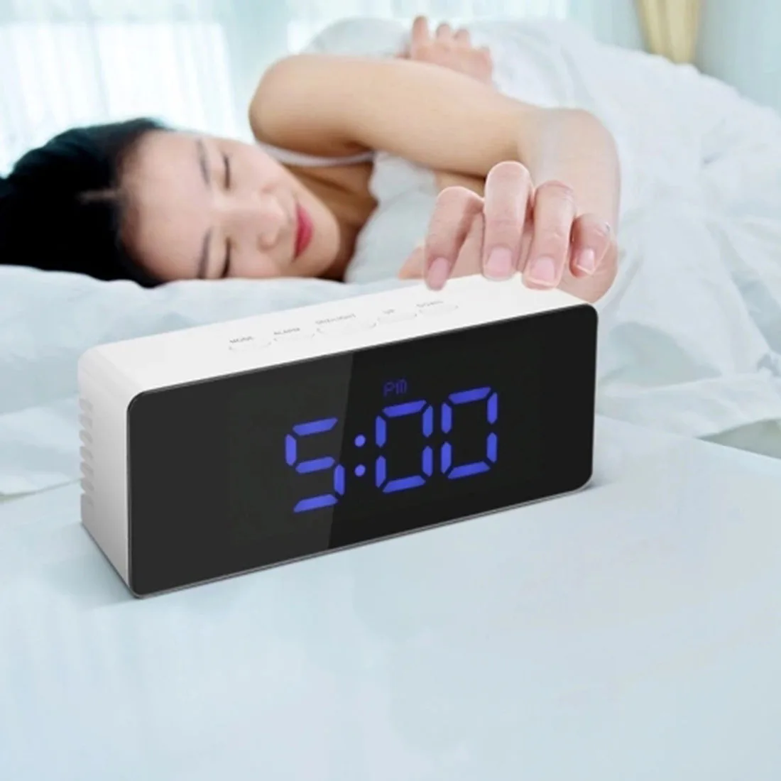 LED Mirror Alarm Clock Digital Clock Snooze Display Time Night Led
