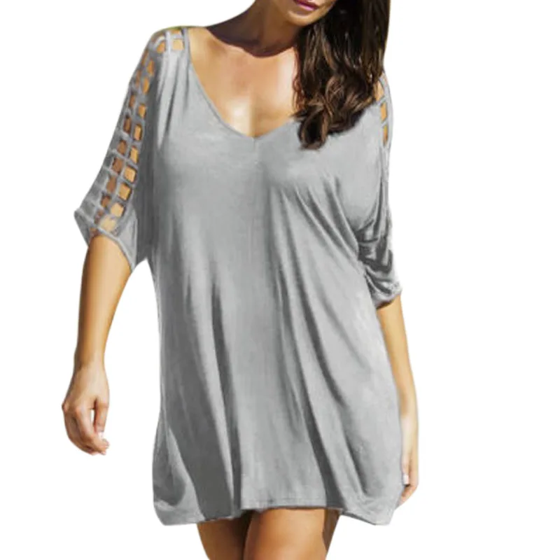 

Women Dress Solid Color Hollow Mid Sleeves V Neck Loose Beach Dress for Summer -MX8