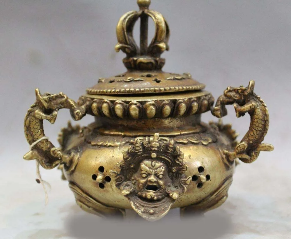 

7"Tibet Buddhism Bronze Mahakala Buddha Statue Dragon Incense Burner Censer