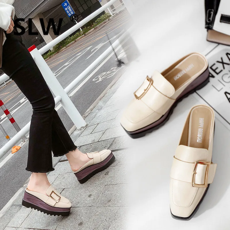 

2019 new spring hot british style muffins thick bottom platform wedges mules female square buckle anti-skid high heels slides
