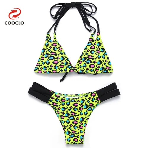 Fluorescent yellow COOCLO микро бикини Леопард купальники для малышек для женщин купальник сексуальный комплект ванный бретели нижнего белья - Цвет: Fluorescent yellow