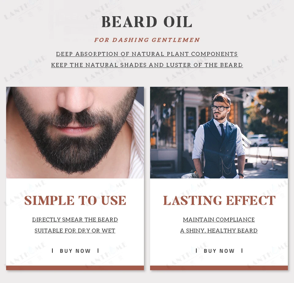 2pcs Lanthome Organic Men Face Beard Oil Natural Soften Oil Hair Growth Nourishing Mustache Cream for Beard Hair Grow