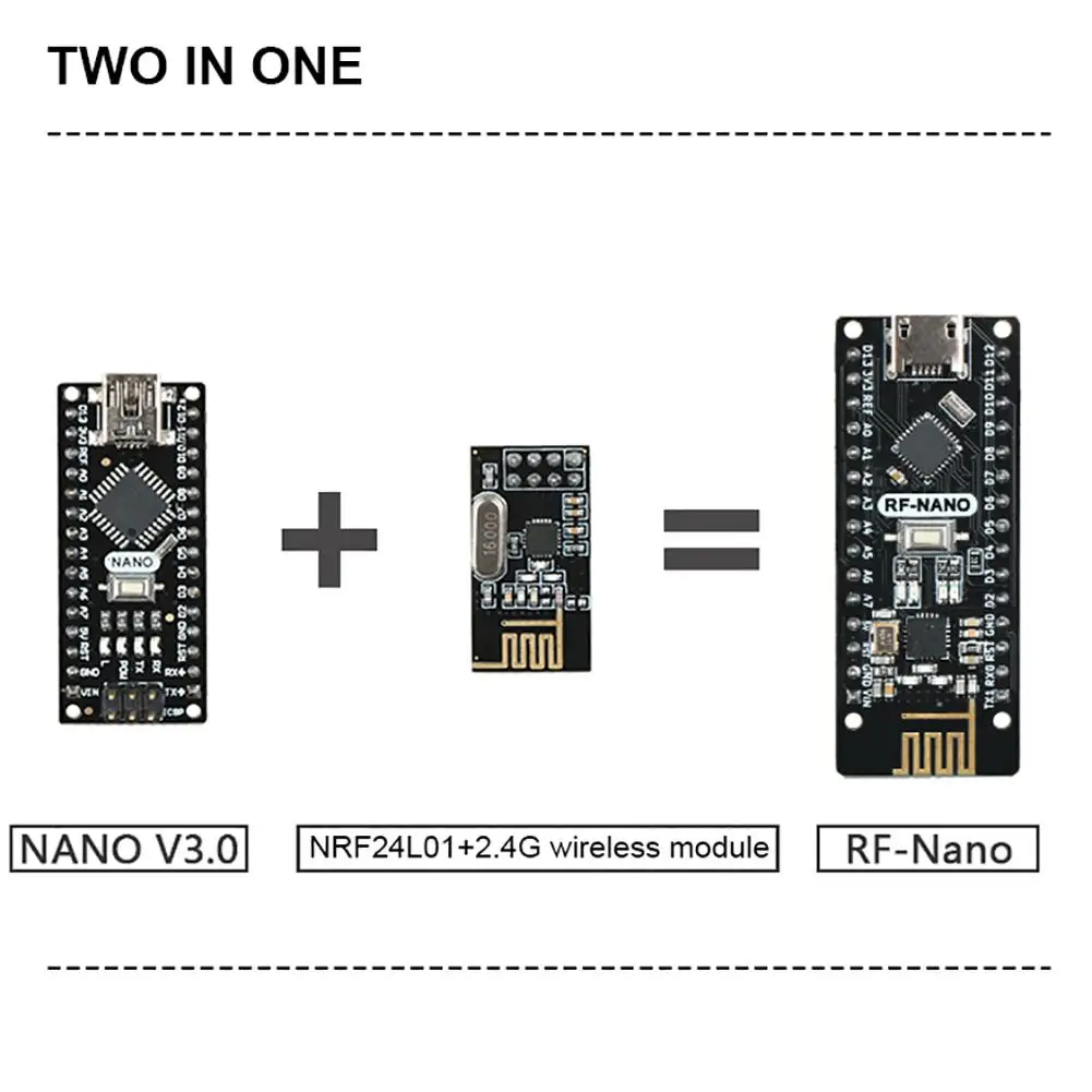 NRF24L01+ 2,4G беспроводной модуль+ Arwino NANO V3.0 = RF-Nano интегрированная плата с интерфейсом USB Arwino NANO V3.0 NRF24L01+ 2,4G# CW