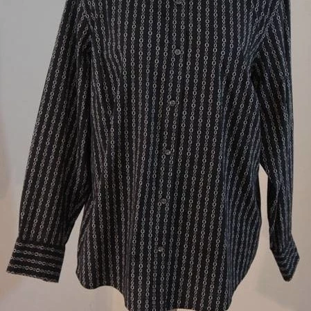 CHARTER CLUB Womens 14 14W LS Button Down Dress Shirt Black Grey Chain Stretch