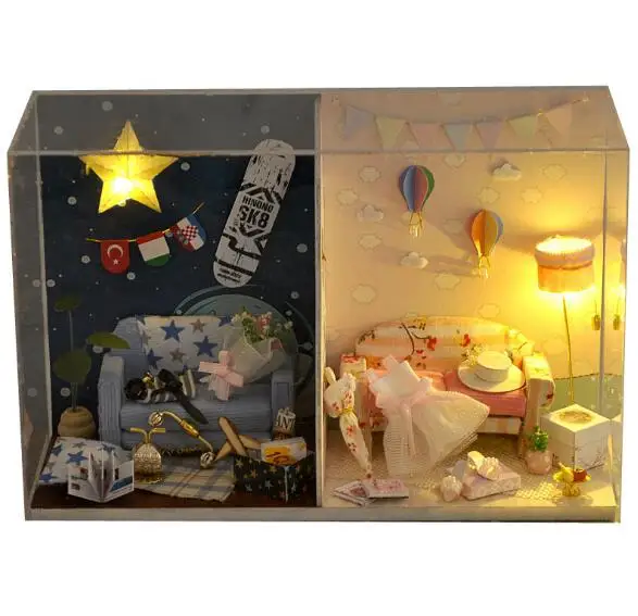 

DIY Doll House With Cover Light Gift Collection Decoration Doll Houses Miniature Furniture Kit LED Light Toy Funny Kids Children