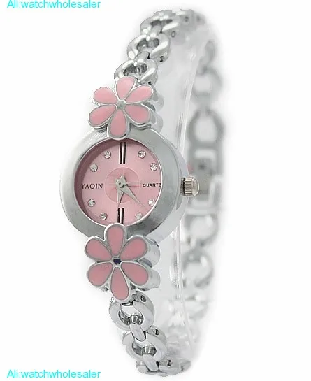 Pink Dial Ladies Women Flower Pattern Case Crystal Dial Bracelet Watch FW708A
