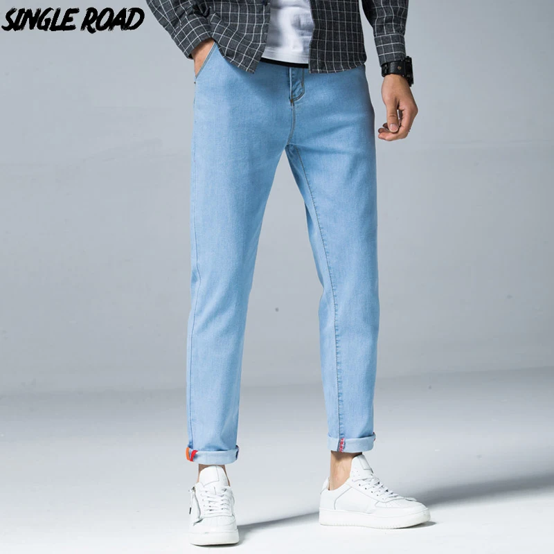

SingleRoad Jeans Men 2019 Straight Streetwear Solid Light Blue Slim Fit Casual Denim Pants Male Straight Stretch Jeans For Men