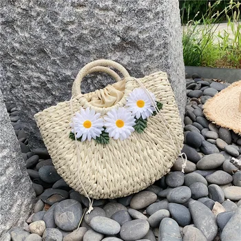 

Summer new portable straw daisy handbags small fresh and lovely seaside holiday large capacity hand-woven slanting shoulder bag