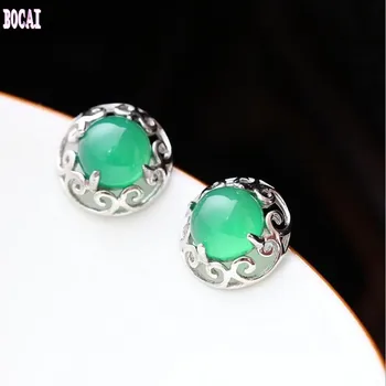 

2019 Silverware Wholesale Hypoallergenic Women's Silver Inlay Natural Green Chalcedony Stud Earrings Vintage 925 Sterling Silver
