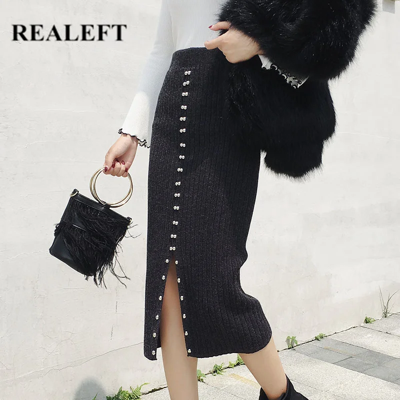 REALEFT/Новое поступление осенне-зимних теплых вязаных женских элегантных длинных юбок с высокой талией и заклепками Harajuku, тюлевые юбки до середины икры