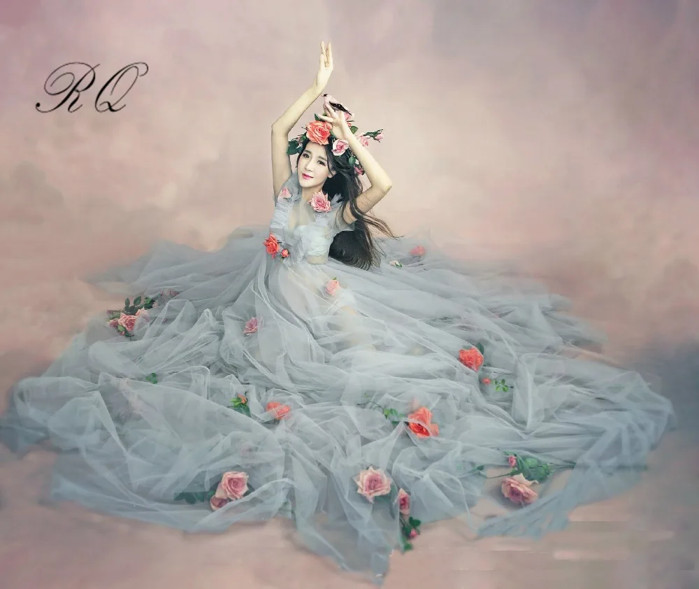 

RQ Pregnant Maternity Women Fashion Photography Props Romantic Elegant long Fairy Trailing Dress Photo shoot Shower dress Q8