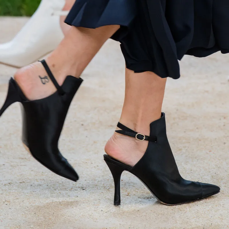 

Fashion Runway Silk White Pointed Toe High Heels Pumps Women Shoes Buckle Strap Slingback Dress Pumps Black Party Shoes Woman