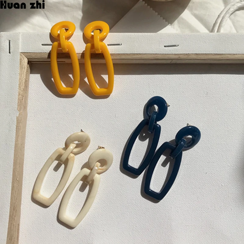 

HUANZHI Vintage Simple Acrylic Geometric Round Circle Link Chain Irregular Long Square Acetate Stud Earrings for Women Girl