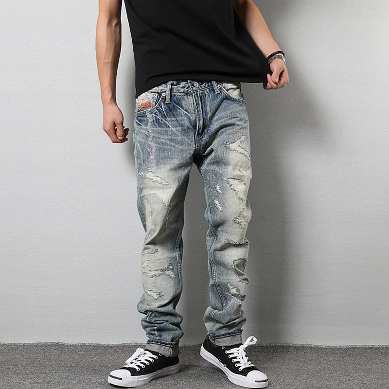 

High Street Fashion Men Jeans Vintage Destroyed Ripped Jeans Men Slim Fit Denim Pants hombre Japanese Style Hip Hop Jeans homme