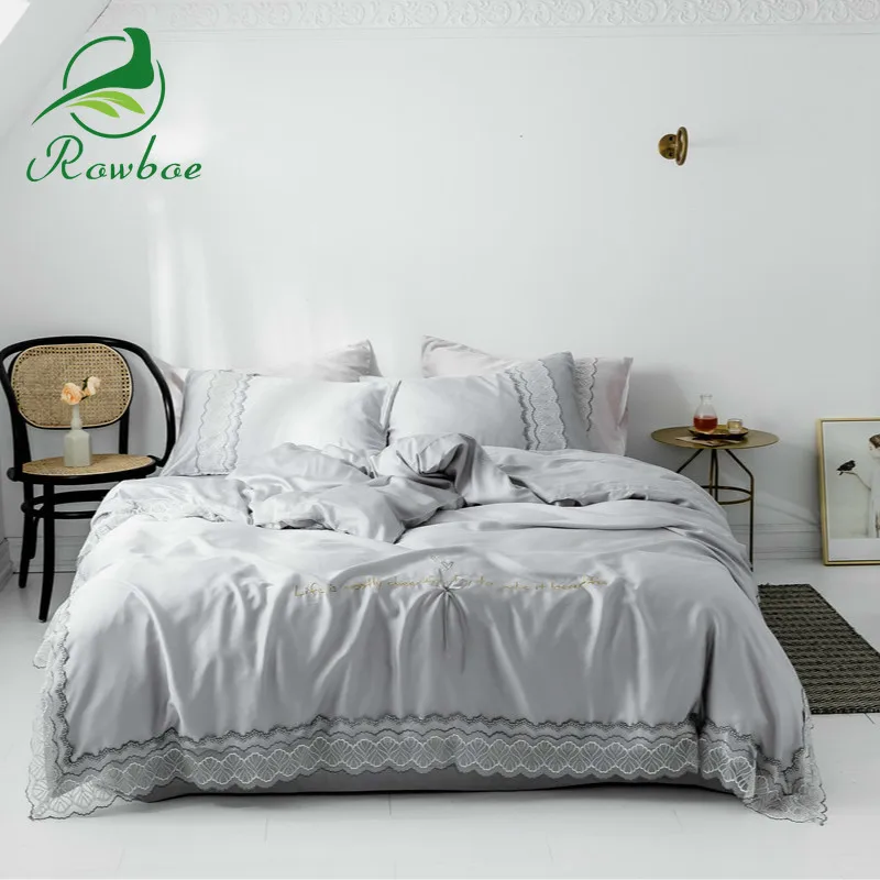 

Spring and summer new 60s Tiansi comfortable bed set ROWBOE simple lace side king size bedding set duvet cover sheets pillowcase