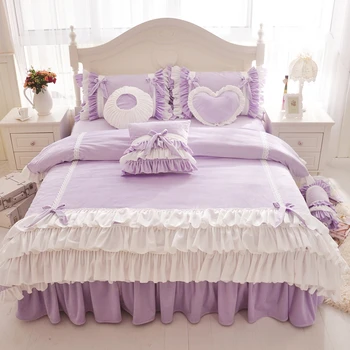 

Korean Princess Purple Yellow Pink Fleece Fabric Bedding Set White Ruffle Bow Duvet Cover Flannel Velvet Bed Skirt Pillowcases