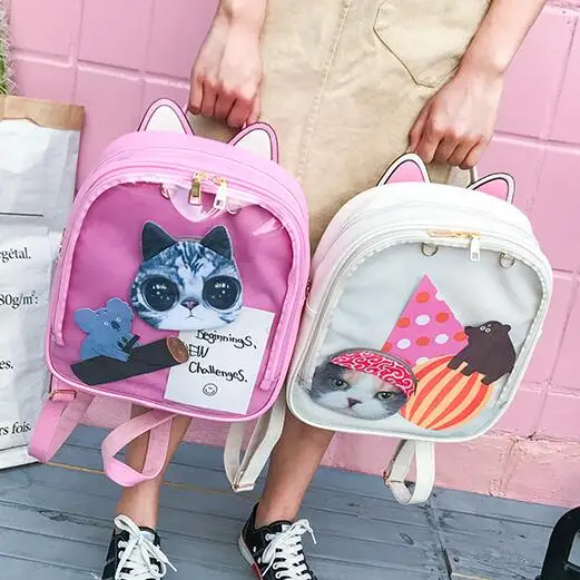 Bolsas escolares coreanas de Color caramelo gato Ita para niñas adolescentes PU cuero gelatina transparente Mochila Rugtas Mochila Escolar
