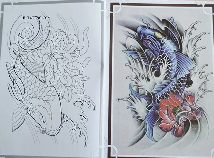 1835 10 De Réductionkoi Carpe Poisson Lotus Fleur Tatouage Flash A4 Livre Avec Dessin Au Trait Contour In Livres From Fournitures Scolaires Et De