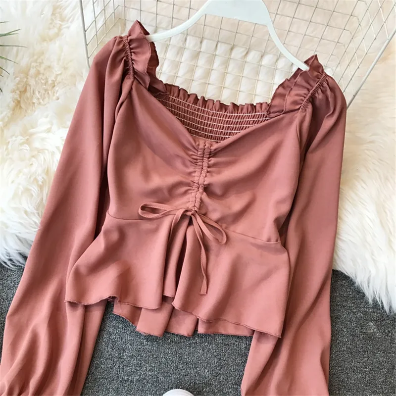  2018 Spring Autumn Women Long Sleeve Blouse V-Neck Drawstring Tie Blouses Female Lantern Sleeve Ruf