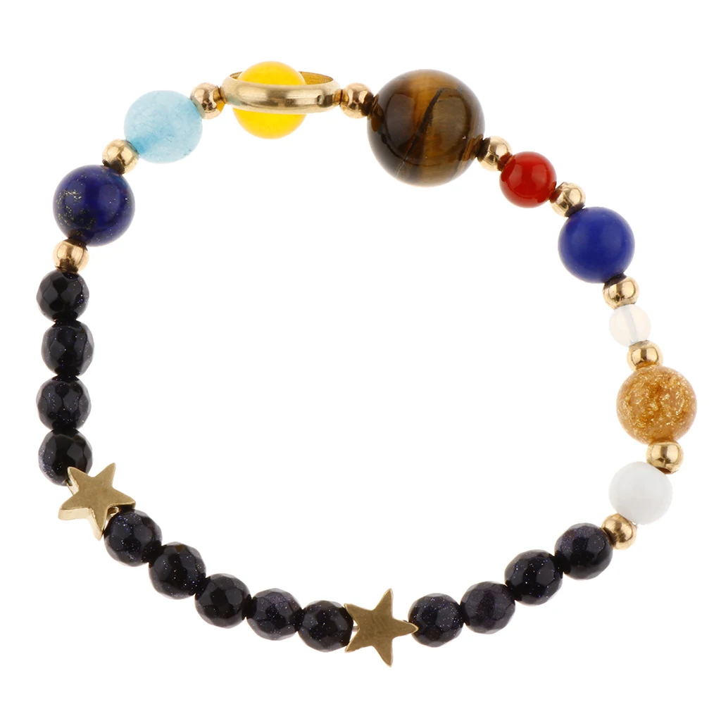 Women Multicolor Round Natural Stone Beads Bracelets Elastic Solar System Bracelet