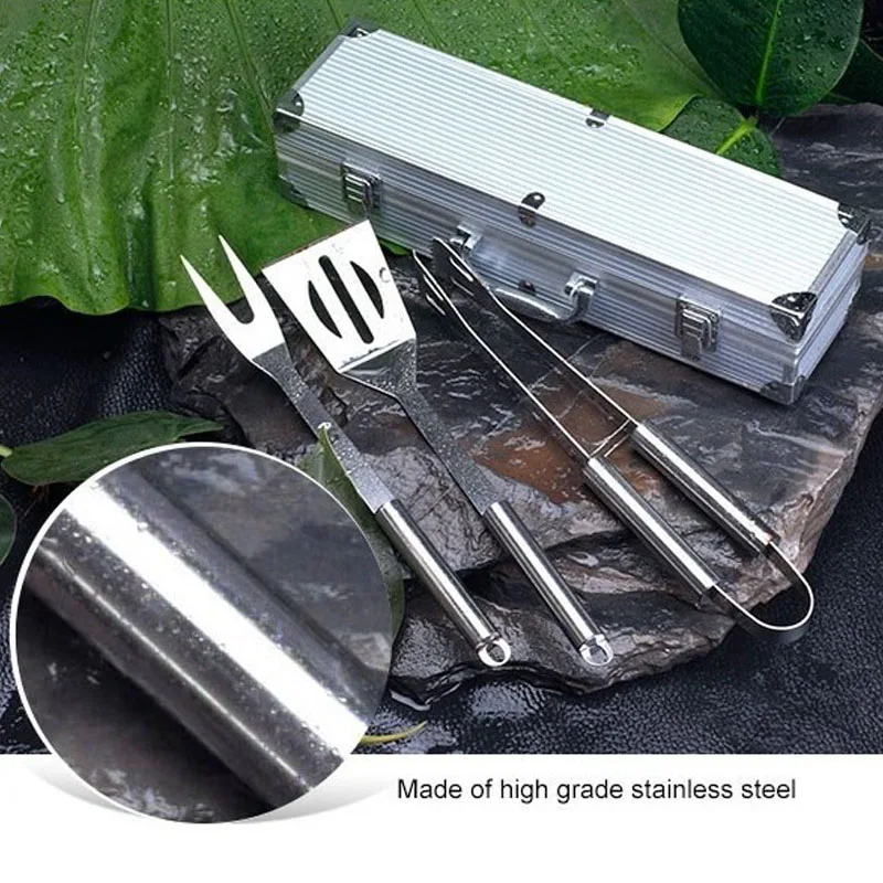 3 pcs Stainless Steel BBQ Set w/ Aluminum Carrying Case Barbecue Grilling Tool BBQ Fork+BBQ Tongs+BBQ Spatula